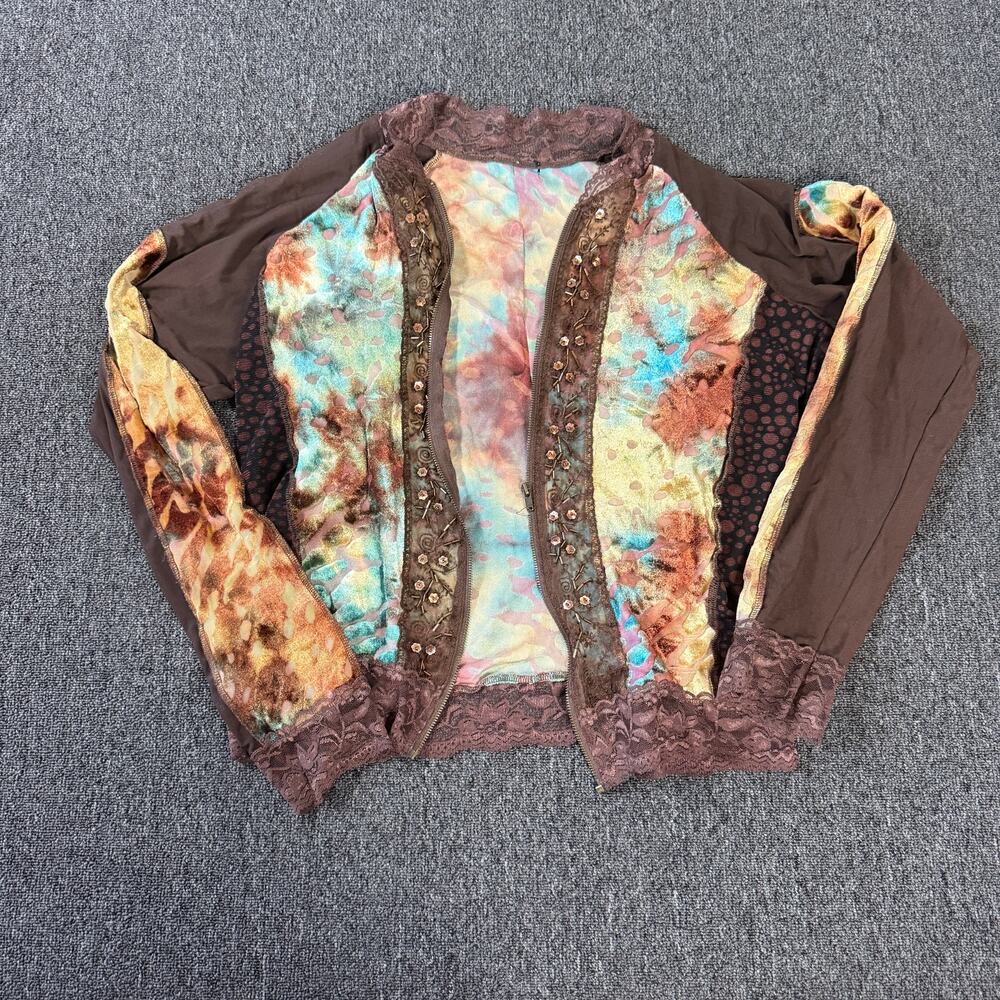 Vintage Y2K Psychedelic Rave Brown Festival Sequin Mcbling Longsleeve Zip Up S